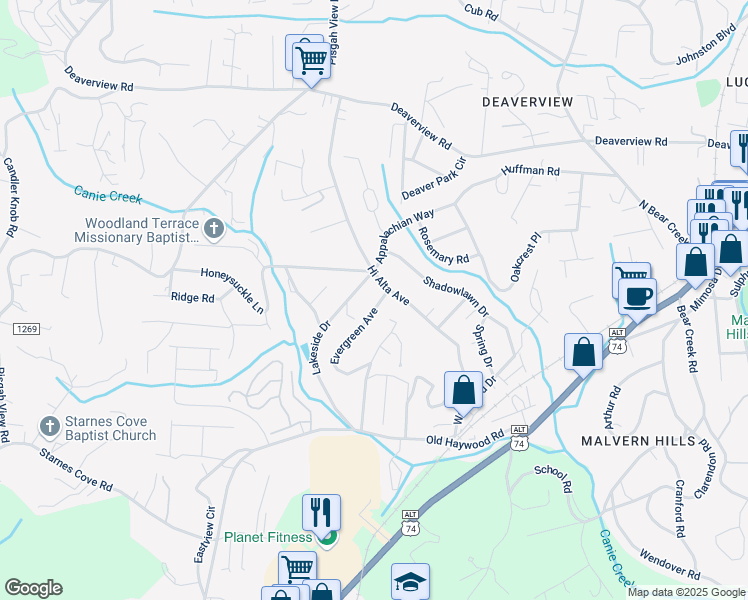 map of restaurants, bars, coffee shops, grocery stores, and more near 7 Evergreen Avenue in Asheville