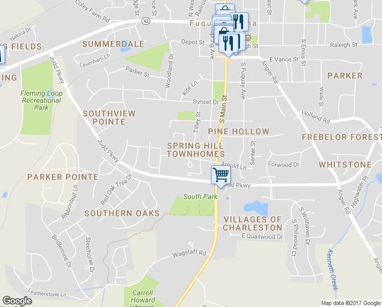 map of restaurants, bars, coffee shops, grocery stores, and more near 505 Old Spring Hill Lane in Fuquay-Varina