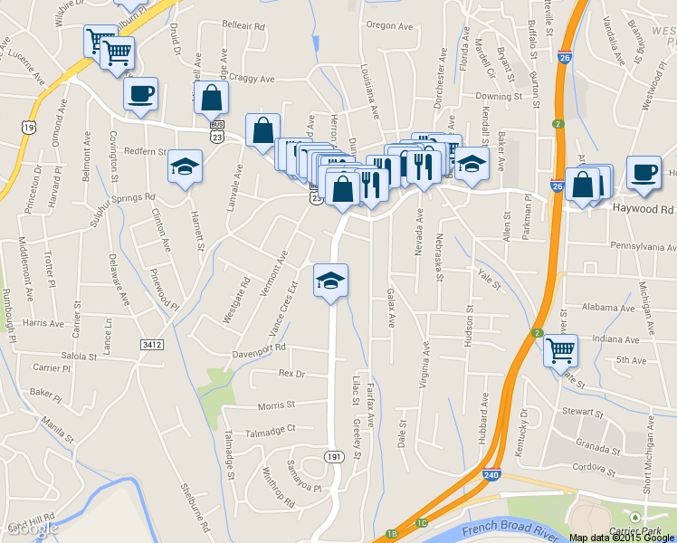 map of restaurants, bars, coffee shops, grocery stores, and more near 66 Brevard Road in Asheville