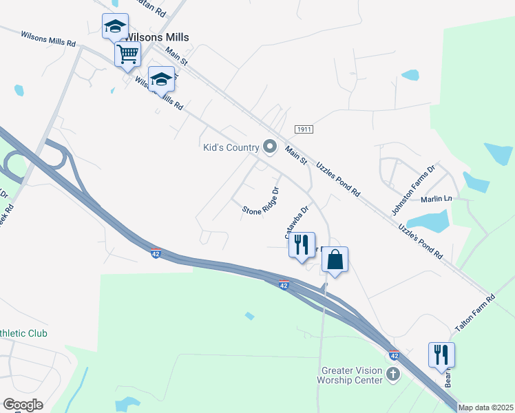 map of restaurants, bars, coffee shops, grocery stores, and more near 134 Stone Ridge Dr in Smithfield