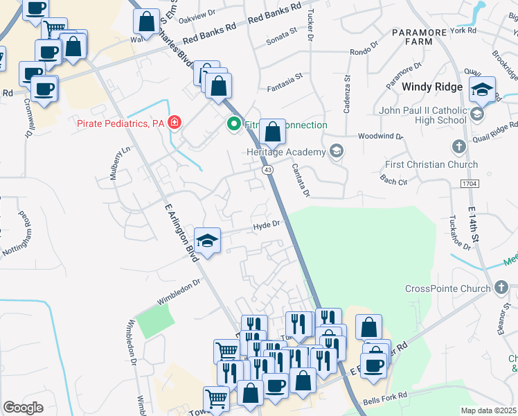 map of restaurants, bars, coffee shops, grocery stores, and more near 2189 Hyde Drive in Greenville
