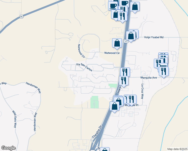map of restaurants, bars, coffee shops, grocery stores, and more near 50 Quinta Court in Paso Robles