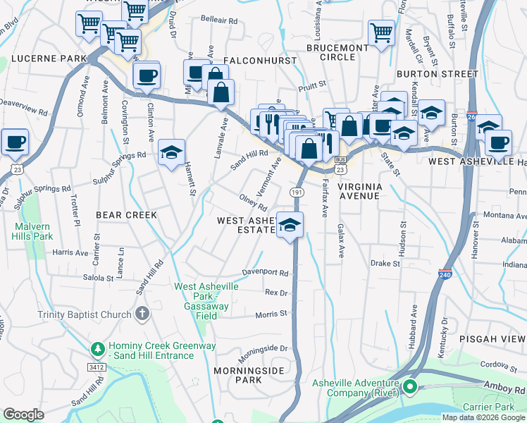 map of restaurants, bars, coffee shops, grocery stores, and more near 78 Vermont Avenue in Asheville