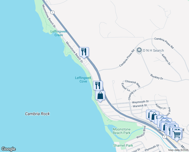 map of restaurants, bars, coffee shops, grocery stores, and more near 6360 Moonstone Beach Drive in Cambria