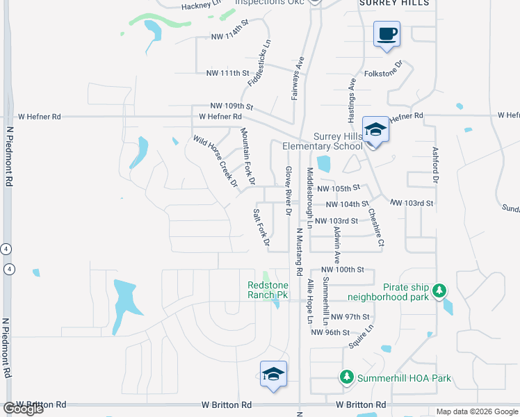 map of restaurants, bars, coffee shops, grocery stores, and more near 10408 Salt Fork Drive in Yukon