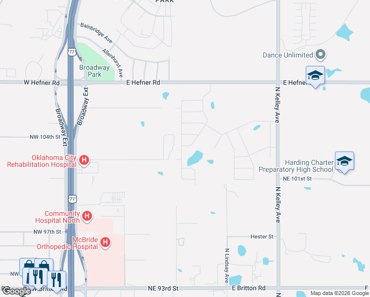 map of restaurants, bars, coffee shops, grocery stores, and more near 401 Northeast 102nd Street in Oklahoma City