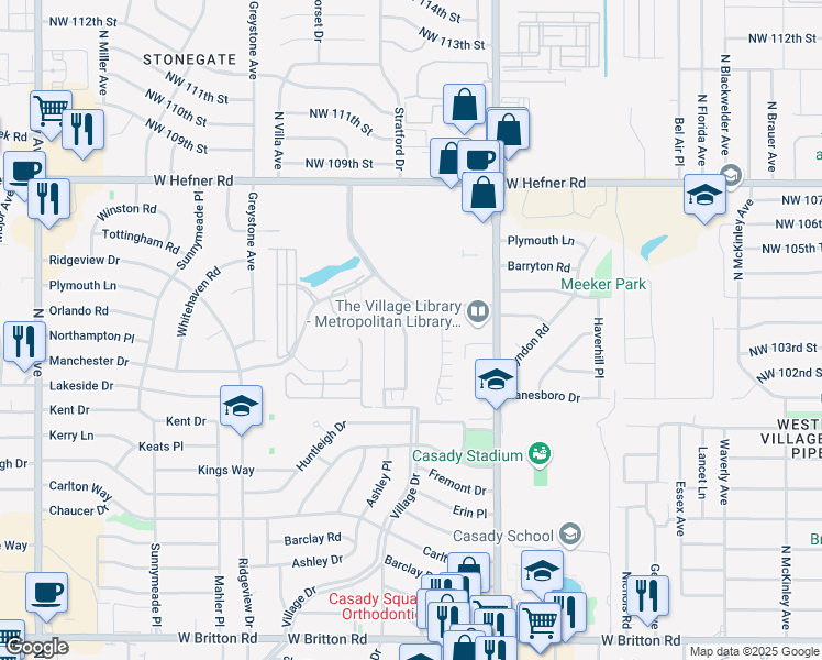 map of restaurants, bars, coffee shops, grocery stores, and more near 10256 Kingston Way in The Village