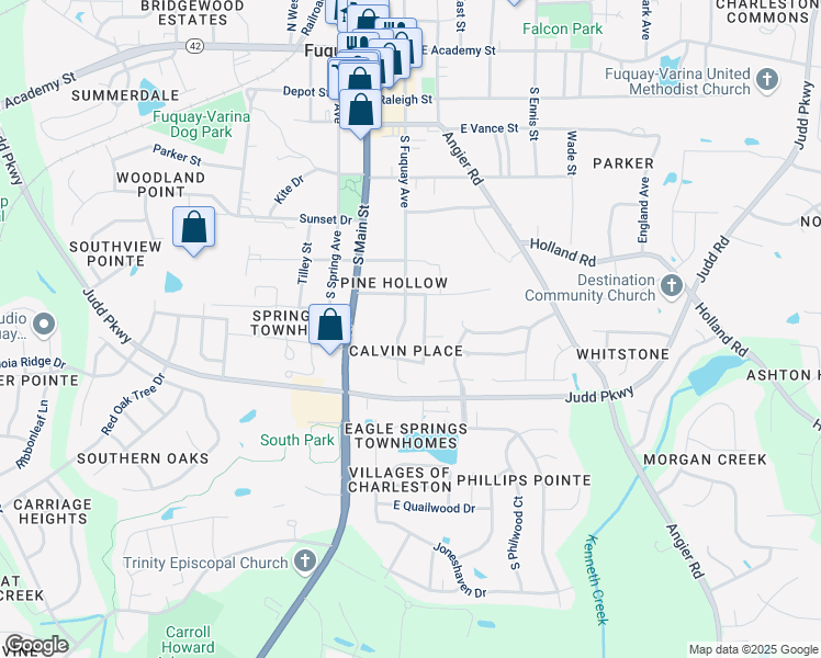 map of restaurants, bars, coffee shops, grocery stores, and more near 713 South Fuquay Avenue in Fuquay-Varina