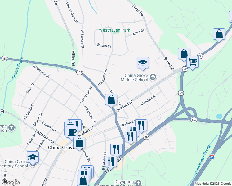 map of restaurants, bars, coffee shops, grocery stores, and more near 206 W Vance St in China Grove