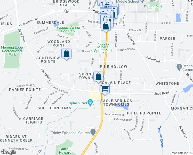 map of restaurants, bars, coffee shops, grocery stores, and more near 108 Old Spring Hill Lane in Fuquay Varina