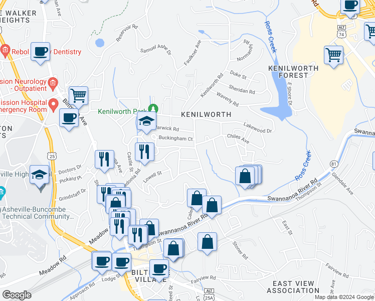 map of restaurants, bars, coffee shops, grocery stores, and more near 271 Forest Hill Drive in Asheville