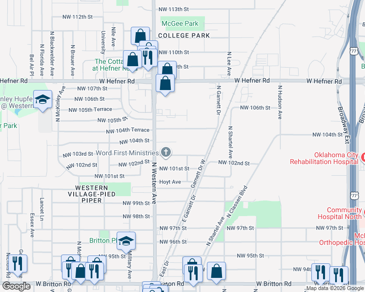 map of restaurants, bars, coffee shops, grocery stores, and more near 900 Northwest 103rd Street in Oklahoma City