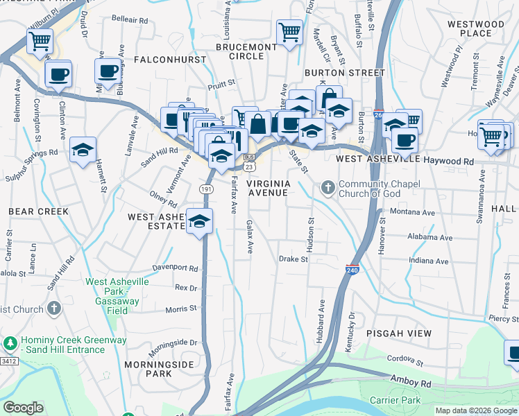 map of restaurants, bars, coffee shops, grocery stores, and more near 14 Cowan Road in Asheville