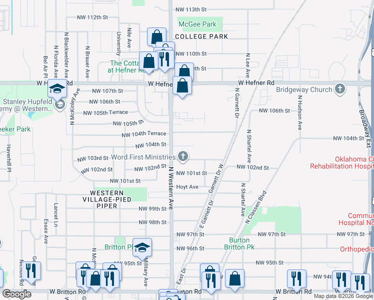 map of restaurants, bars, coffee shops, grocery stores, and more near 936 Northwest 103rd Street in Oklahoma City