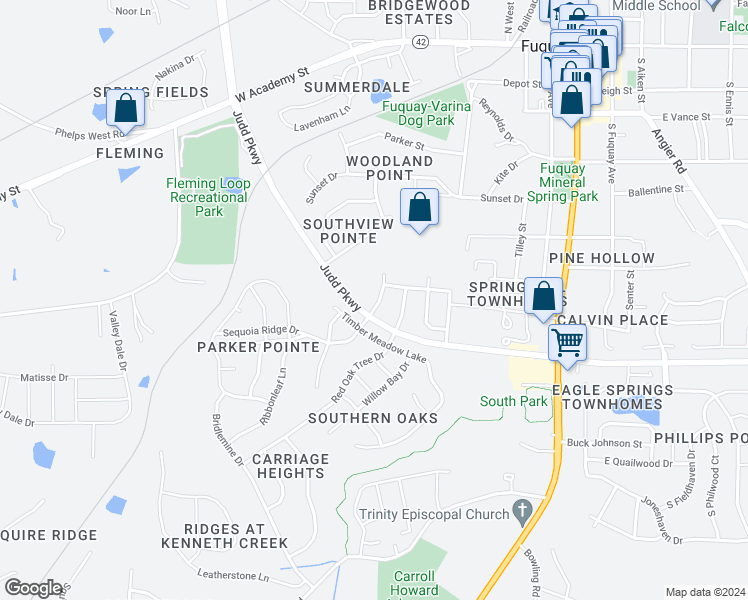 map of restaurants, bars, coffee shops, grocery stores, and more near 635 Cherry Plum Court in Fuquay Varina