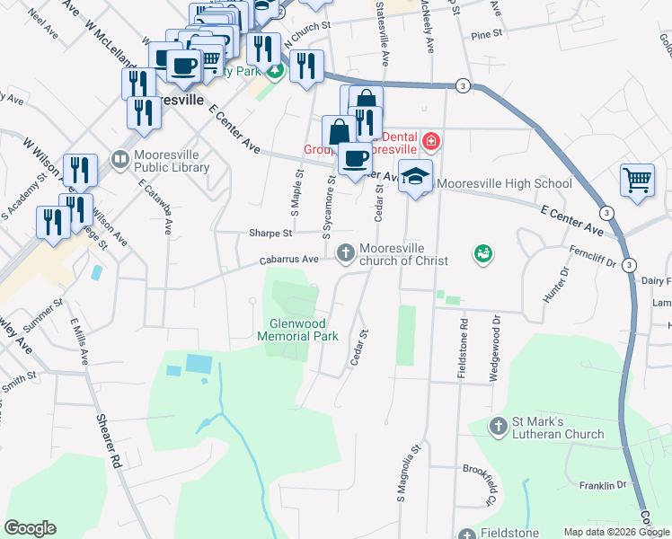 map of restaurants, bars, coffee shops, grocery stores, and more near 233 Glenwood Drive in Mooresville