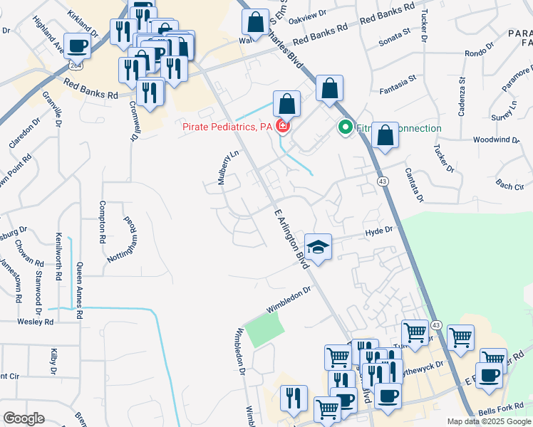 map of restaurants, bars, coffee shops, grocery stores, and more near 1310 East Arlington Boulevard in Greenville