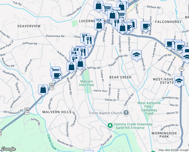 map of restaurants, bars, coffee shops, grocery stores, and more near 65 Middlemont Avenue in Asheville