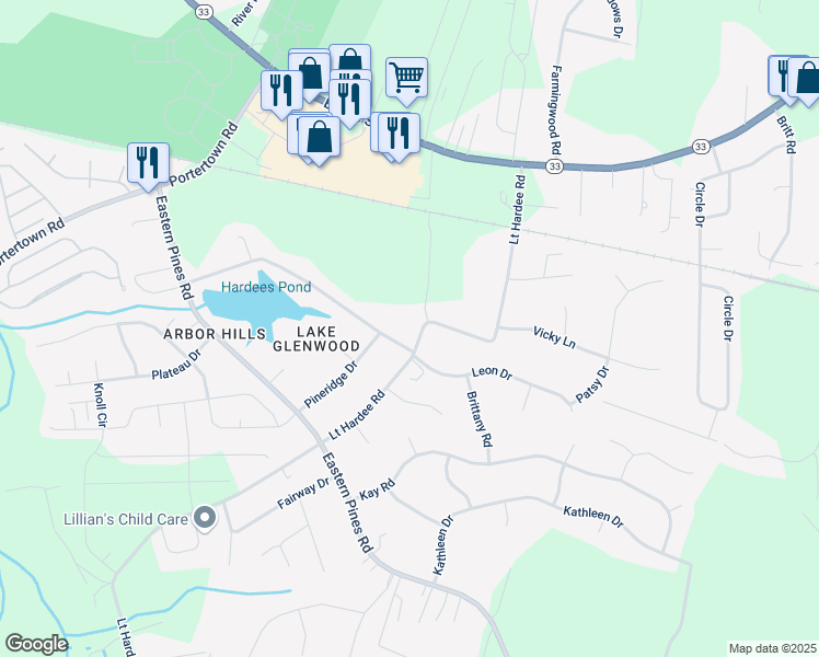 map of restaurants, bars, coffee shops, grocery stores, and more near 1510 Lt Hardee Road in Greenville