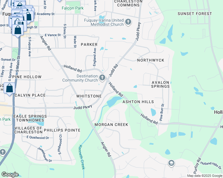 map of restaurants, bars, coffee shops, grocery stores, and more near 708 Rushing Falls Place in Fuquay Varina