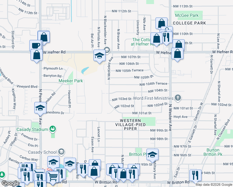map of restaurants, bars, coffee shops, grocery stores, and more near 1426 Northwest 104th Street in Oklahoma City