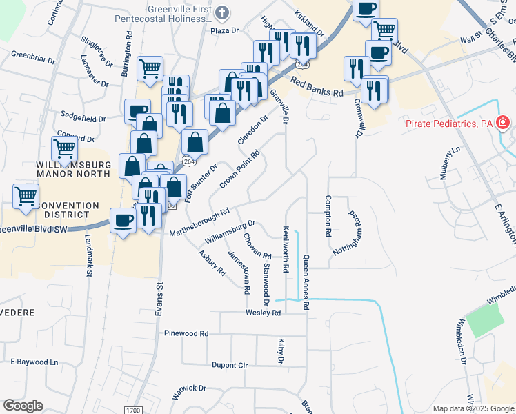 map of restaurants, bars, coffee shops, grocery stores, and more near 115 Martinsborough Road in Greenville