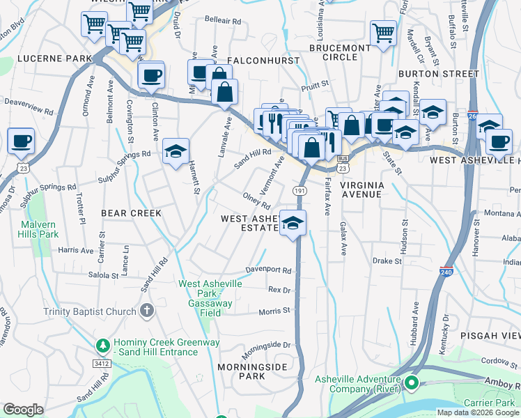 map of restaurants, bars, coffee shops, grocery stores, and more near 78 Vermont Avenue in Asheville