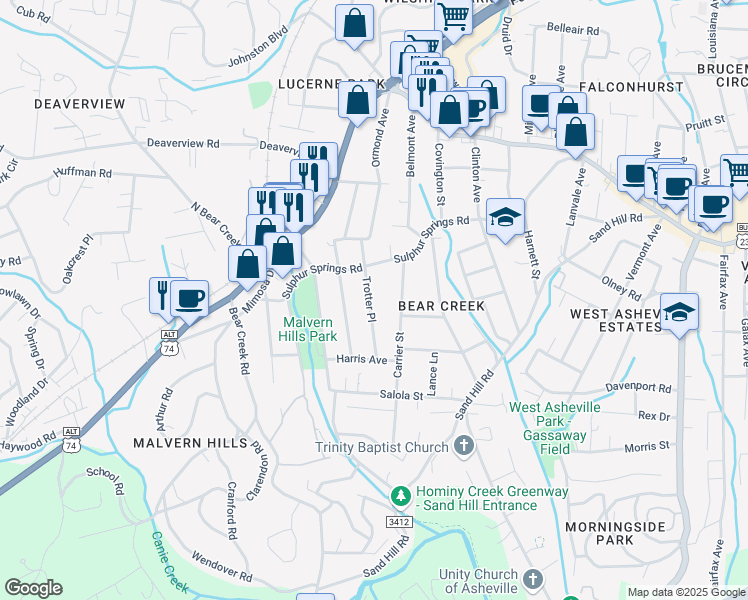 map of restaurants, bars, coffee shops, grocery stores, and more near 64 Trotter Place in Asheville