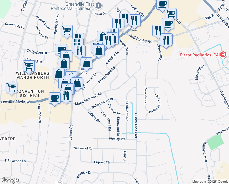 map of restaurants, bars, coffee shops, grocery stores, and more near 115 Martinsborough Road in Greenville