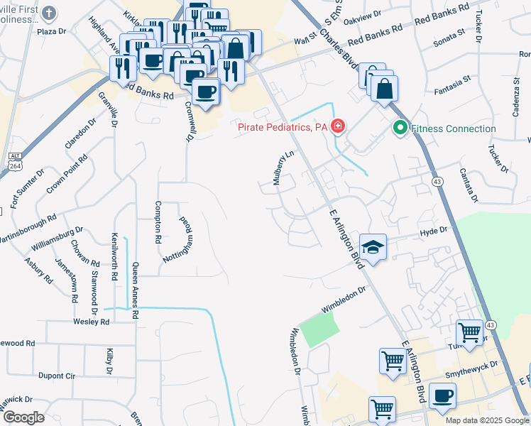 map of restaurants, bars, coffee shops, grocery stores, and more near 2808 Mulberry Lane in Greenville