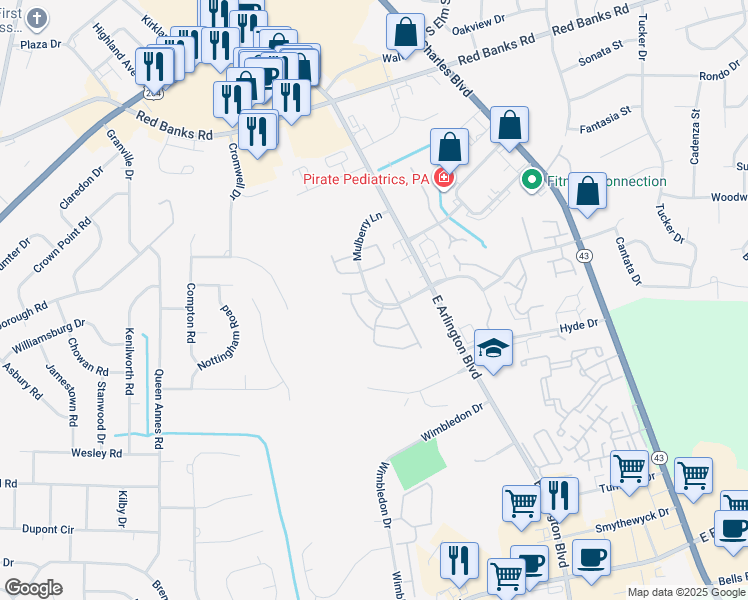 map of restaurants, bars, coffee shops, grocery stores, and more near 3001 Mulberry Lane in Greenville
