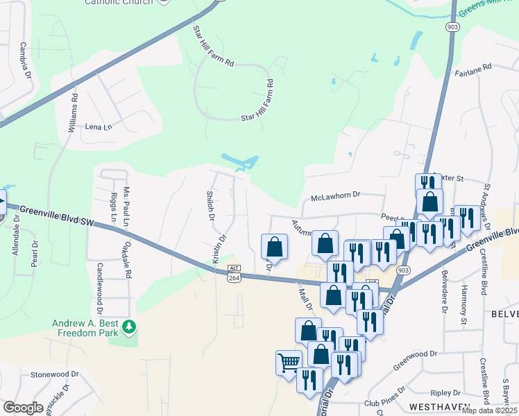 map of restaurants, bars, coffee shops, grocery stores, and more near 1010 Peed Drive in Greenville
