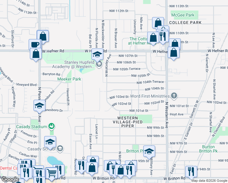 map of restaurants, bars, coffee shops, grocery stores, and more near 1426 Northwest 104th Street in Oklahoma City