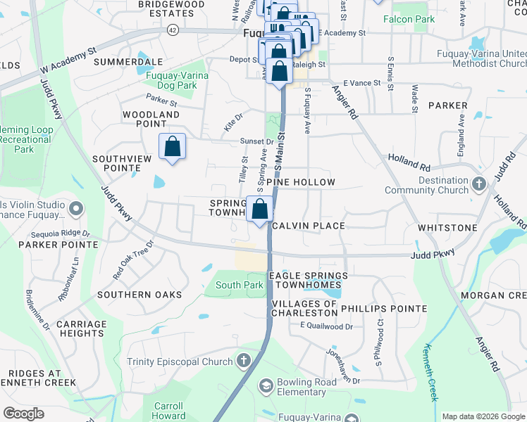 map of restaurants, bars, coffee shops, grocery stores, and more near 714 South Main Street in Fuquay-Varina