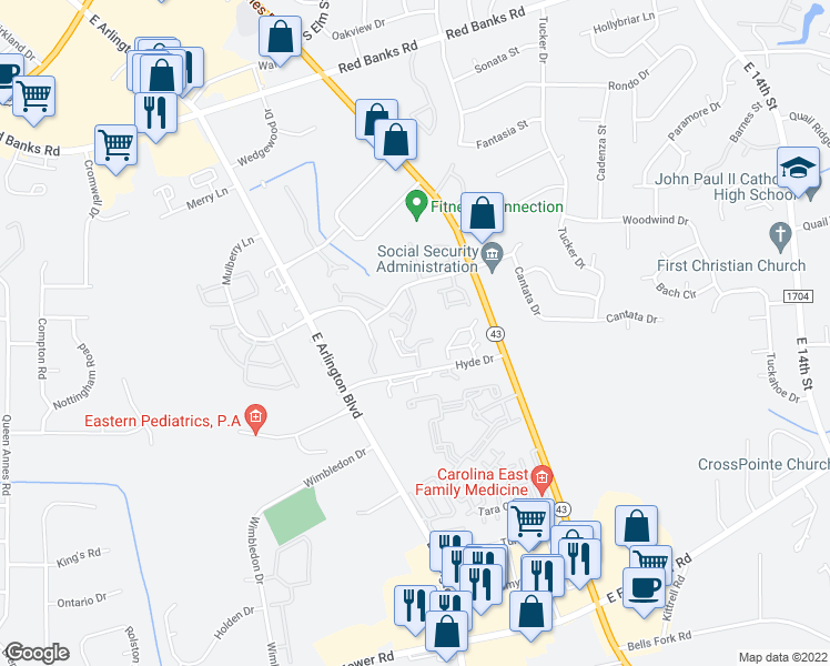 map of restaurants, bars, coffee shops, grocery stores, and more near 111 Breezewood Drive in Greenville