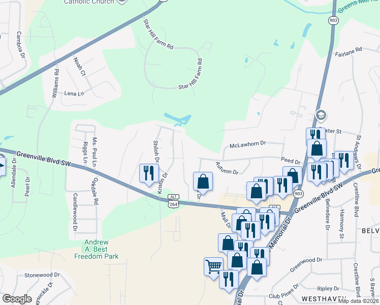 map of restaurants, bars, coffee shops, grocery stores, and more near 1012 Peed Drive in Greenville
