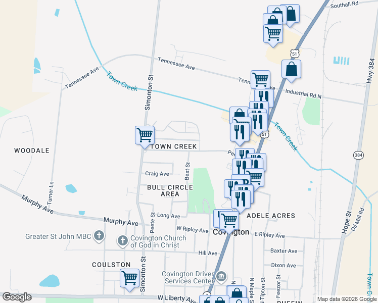 map of restaurants, bars, coffee shops, grocery stores, and more near 798 Best Street in Covington