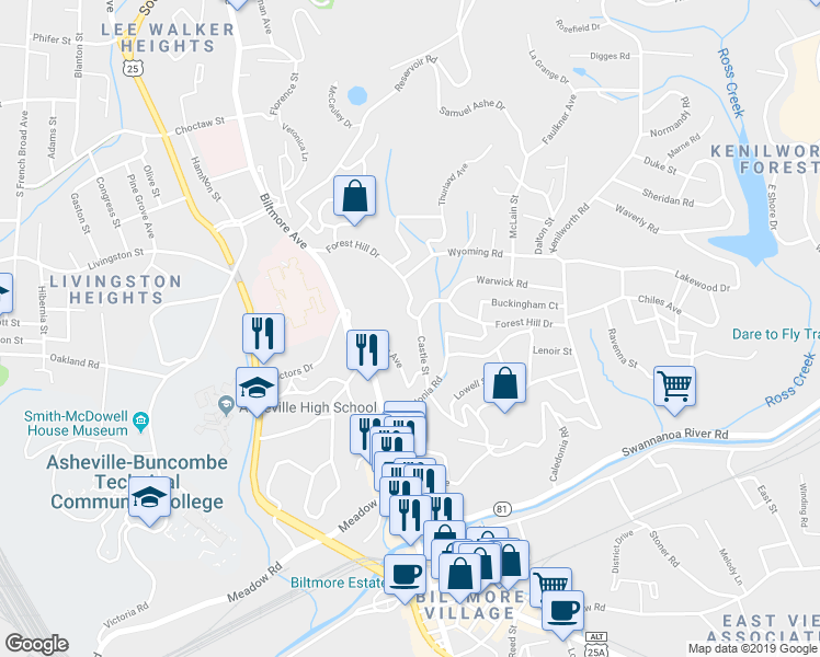 map of restaurants, bars, coffee shops, grocery stores, and more near 7 Castle Street in Asheville