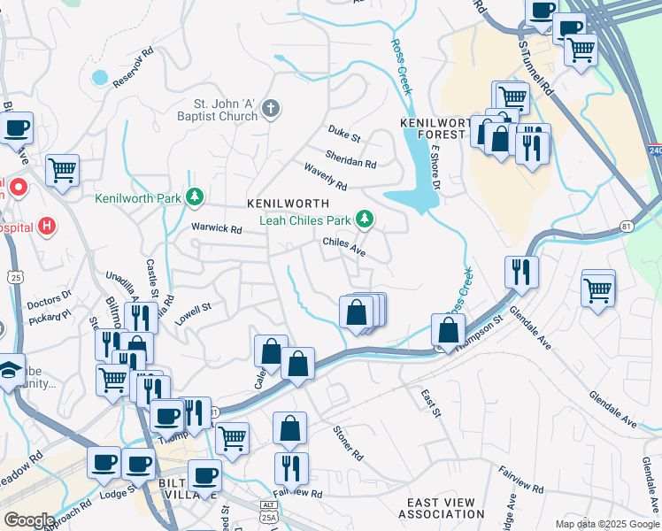 map of restaurants, bars, coffee shops, grocery stores, and more near 5 Devonshire Place in Asheville