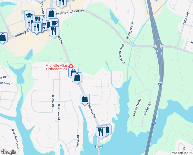 map of restaurants, bars, coffee shops, grocery stores, and more near 174 Pamlico Lane in Mooresville