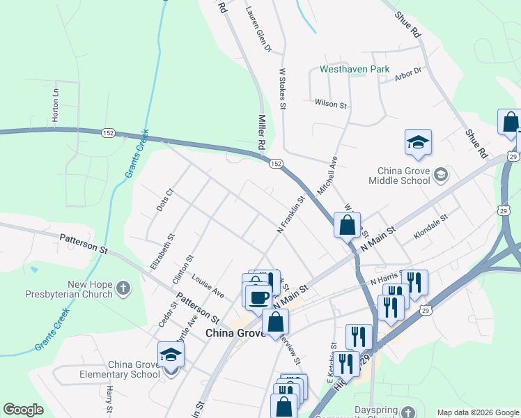 map of restaurants, bars, coffee shops, grocery stores, and more near 402 West Ketchie Street in China Grove
