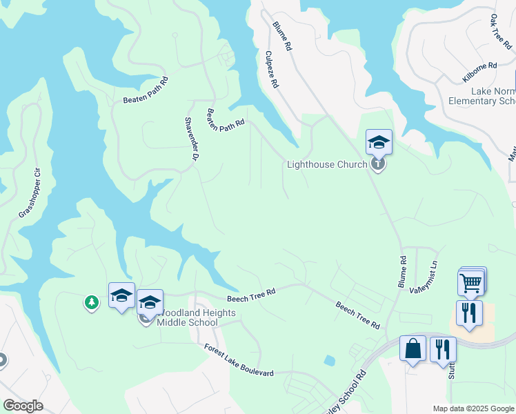 map of restaurants, bars, coffee shops, grocery stores, and more near Beaten Path Road in Mooresville