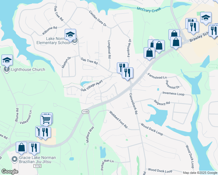 map of restaurants, bars, coffee shops, grocery stores, and more near 140 Springwood Lane in Mooresville