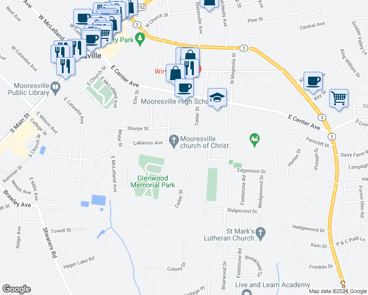 map of restaurants, bars, coffee shops, grocery stores, and more near 211 Glenwood Drive in Mooresville