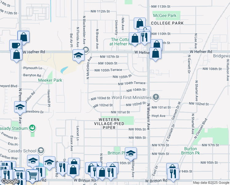 map of restaurants, bars, coffee shops, grocery stores, and more near 10412 North University Avenue in Oklahoma City