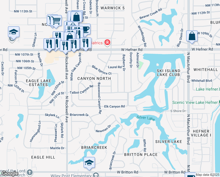 map of restaurants, bars, coffee shops, grocery stores, and more near 10409 Evergreen Court in Oklahoma City