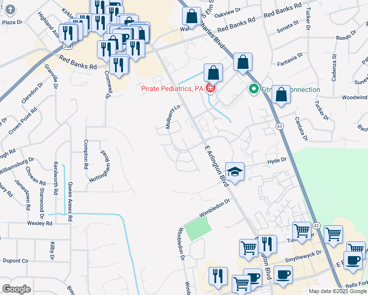 map of restaurants, bars, coffee shops, grocery stores, and more near 3001 Mulberry Lane in Greenville