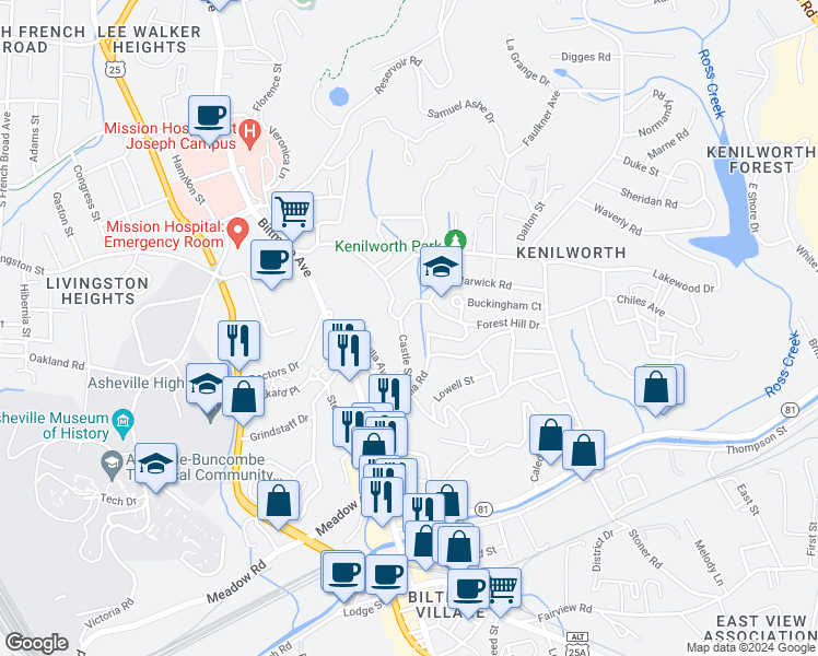 map of restaurants, bars, coffee shops, grocery stores, and more near 6 Castle Street in Asheville