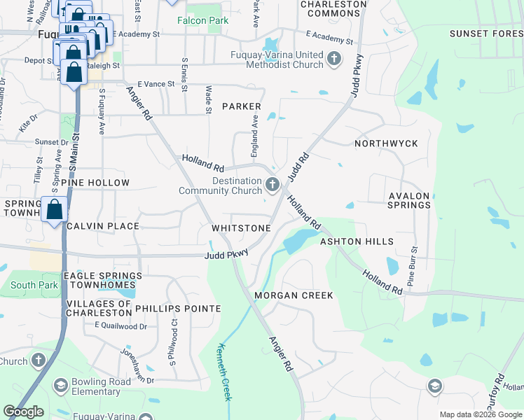 map of restaurants, bars, coffee shops, grocery stores, and more near 609 Quest Ridge Drive in Fuquay-Varina