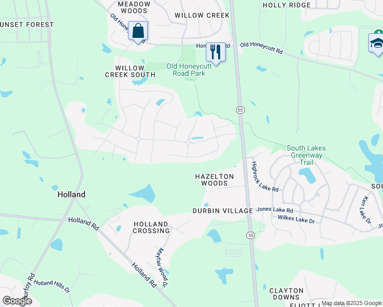 map of restaurants, bars, coffee shops, grocery stores, and more near 2405 Heathland Farm Drive in Fuquay-Varina